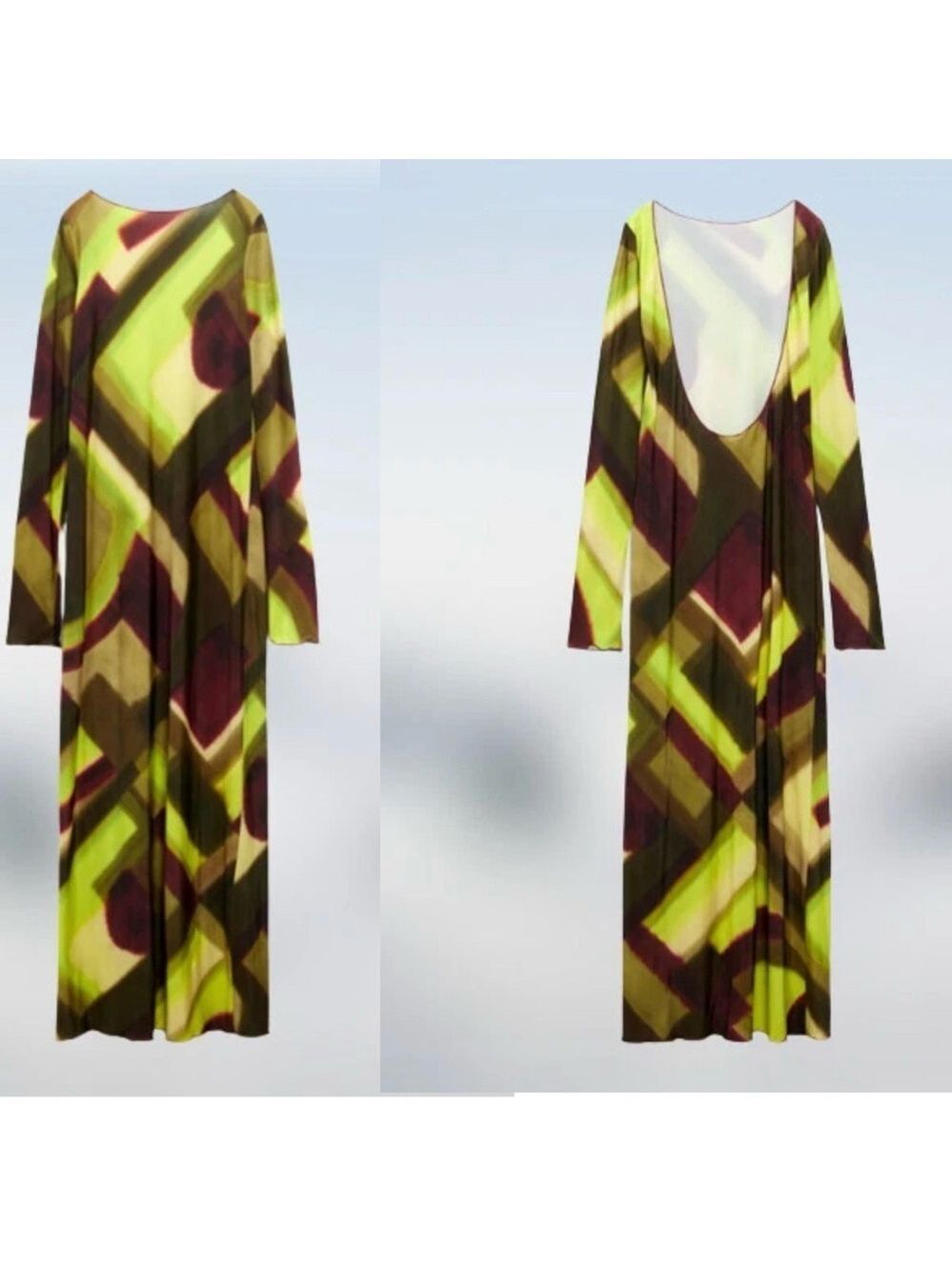 Zara lime green burgundy Open Back Maxi Dress multicolor abstract print XL NWT